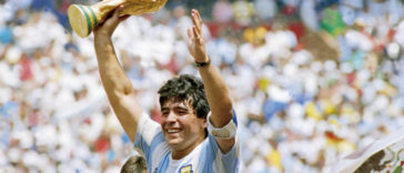 Maradona of Argentina holds the World Cup trophy after defeating West Germany 3-2 during the 1986 FIFA World Cup Final match at the Azteca Stadium on June 29, 1986 in Mexico City, Mexico